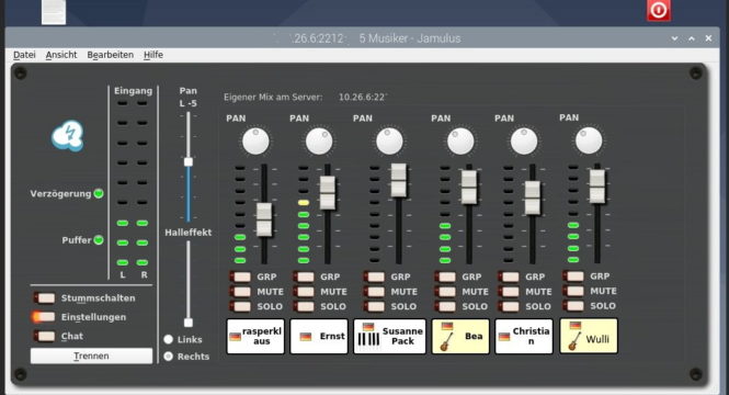 Jamulus Bildschirmfoto mit vielen Ton-Reglern