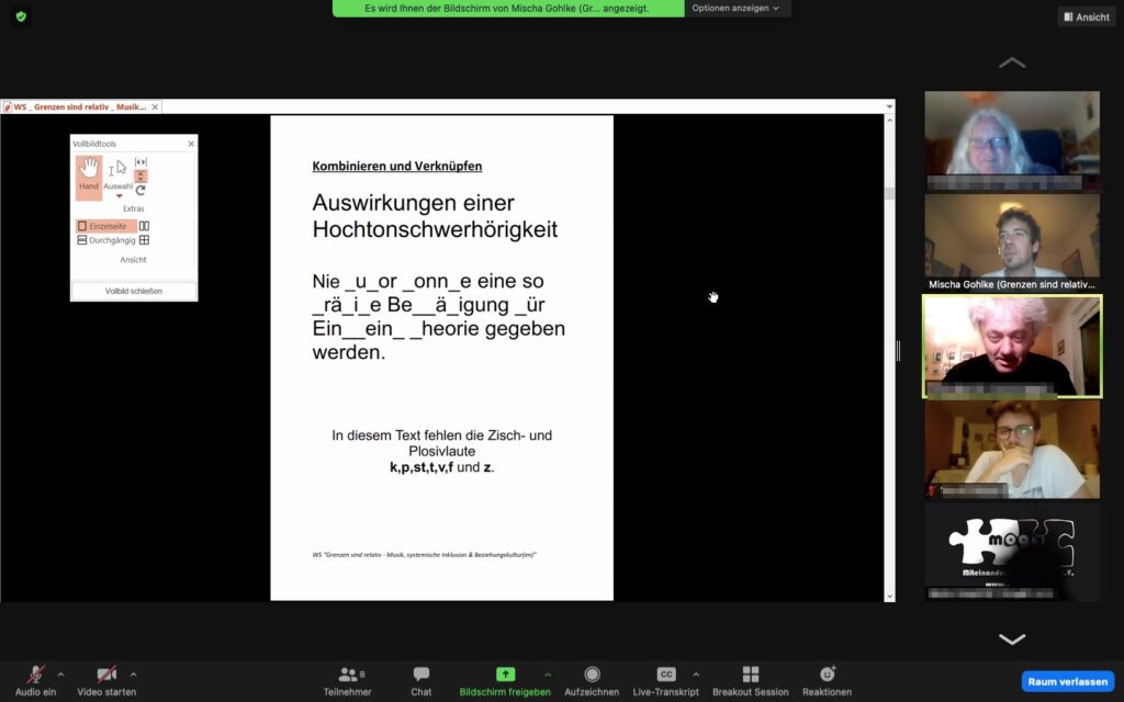 Bildschirmfoto aus Zoom : Mischa und vier zugeschaltete Personen reden über ein Dokument "Auswikrnge einer Hochtonschwerhörigkeit", dass Mischa per Bildschirm geteilt hat.
