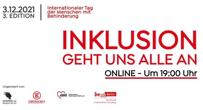 Weißer Flyer mit roter Schrift: Inklusion geht uns alle an - Online - U 19:00 Uhr, mit Logos von Artemisia, Emergency, AWO und Bezirksamt Friedrichshain Kreuzberg