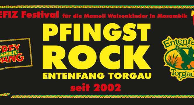 Grafik mit gelber Schrift auf schwarz, "Fingst Rock - Entenfang Torgau seit 2003"