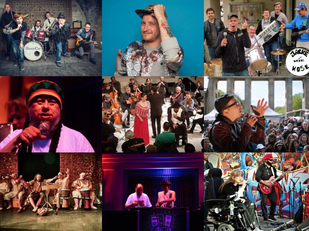 Collage aus neun Fotos von verschiedenen Musiker:innen und Bands