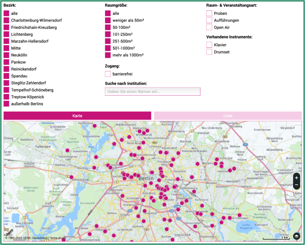 Bildschirmfoto von der Raumdatenbank, mit Landkarte und Checkboxen für die Suche nach Bezirk und Raumgröße