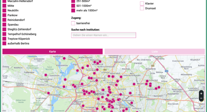 Bildschirmfoto von der Raumdatenbank, mit Landkarte und Checkboxen für die Suche nach Bezirk und Raumgröße