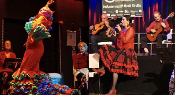 wei Fotos zusammengesetzt mit 2 Frauen in tollen Flamenco Kleider, eine spielt Flöte eine tanzt, im Hintergrund zwei Männer die Gitarre spielen