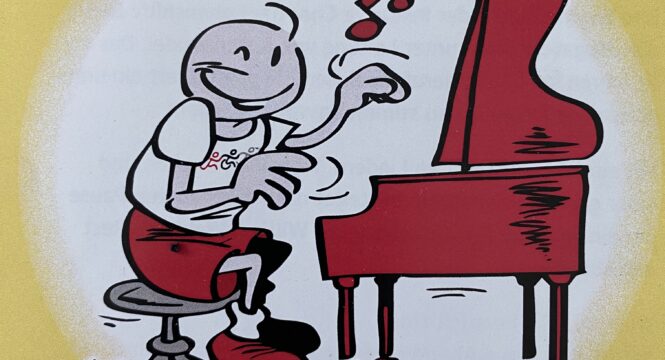 Comic-Zeichnung von einem lachenden Mensch am Klavier