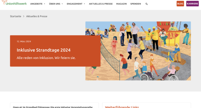 Bildschirmfoto einer Webseite des Union Hilfswerks, mit buntem foto von einem Strand mit vielen verschiednen Menschen und Schrift "Inklusive Strandtage 2024 Alle reden von Inklusion. Wir feiern sie."