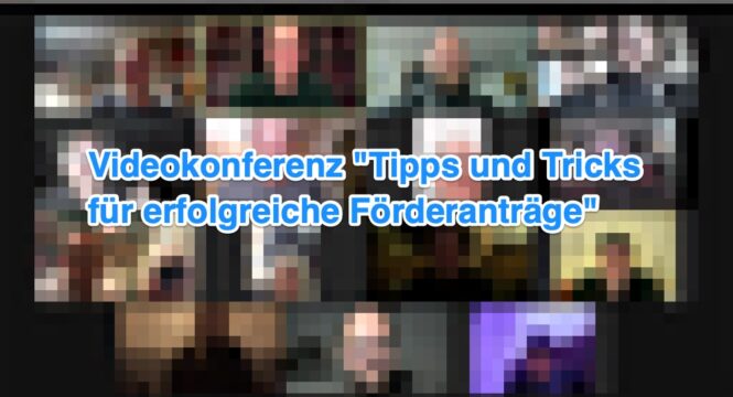 stark verspieltes Bild einer Zoom Konferenz mit Text darüber "VideoKonferenz "Tipps und Tricks für erfolgreiche Förderanträge".