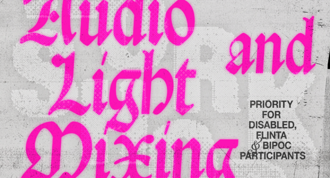 Grafik mit grauer Fläche, darauch Schrift "Club Craft Audio and Lich Mixing" presented ba Lark and Fitzroy - priority for disabled, Flinte & bipoc participants. 11.01.25 2-5pm @ Fitzroy"