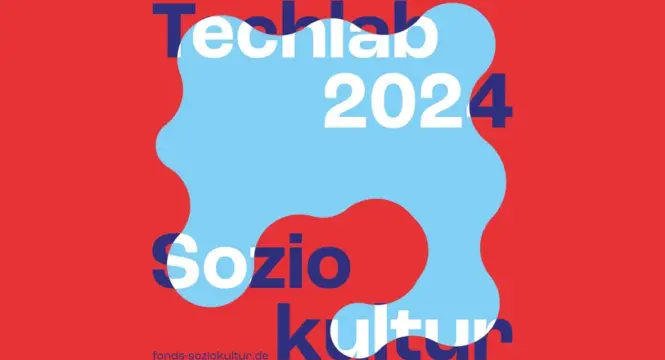 Grafik mit blauer Blase auf rotem Hintergrund, dazu Schrift "Techlab 2024 Sozio Kultur".