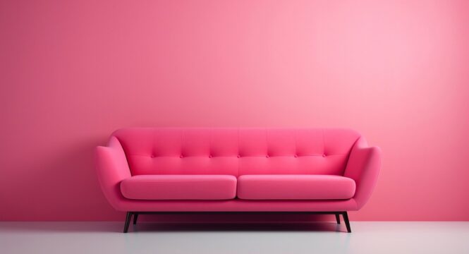 Buntfoto von einer pinken Couch vor einer rosa bis pinken Wand