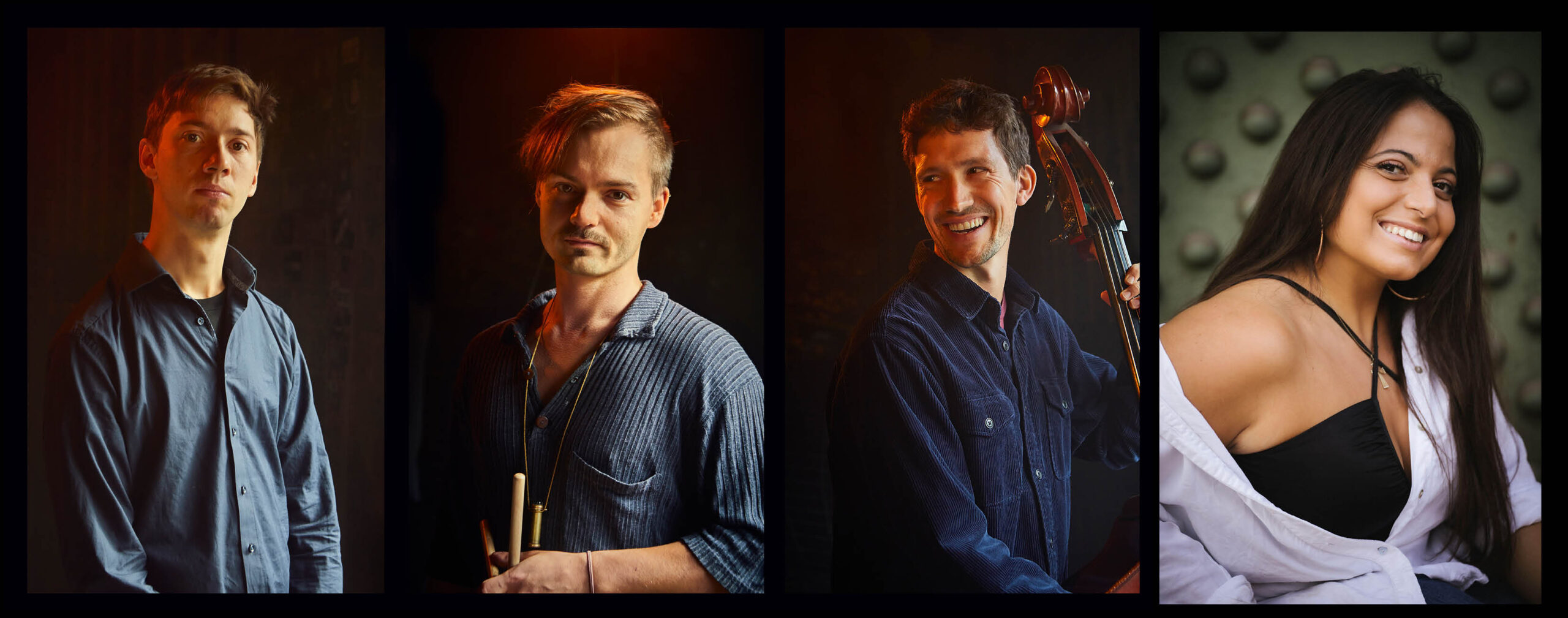 Nebeneinander vier einzelne Portrait Fotos von drei Musikern und einer Sängerin