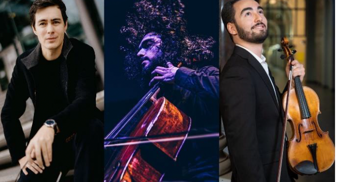 Drei Portraitfotos in bunt von Musikern, einer mit Cello und einer mit Violine