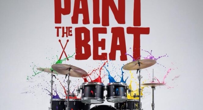Ein schwarzes Schlagzeug, von dem bunte Farben spritzen. In dicken roten Buchstaben steht darüber Paint the Beat. Darüber in blauer dicker Schrift: 6.Mai 2026