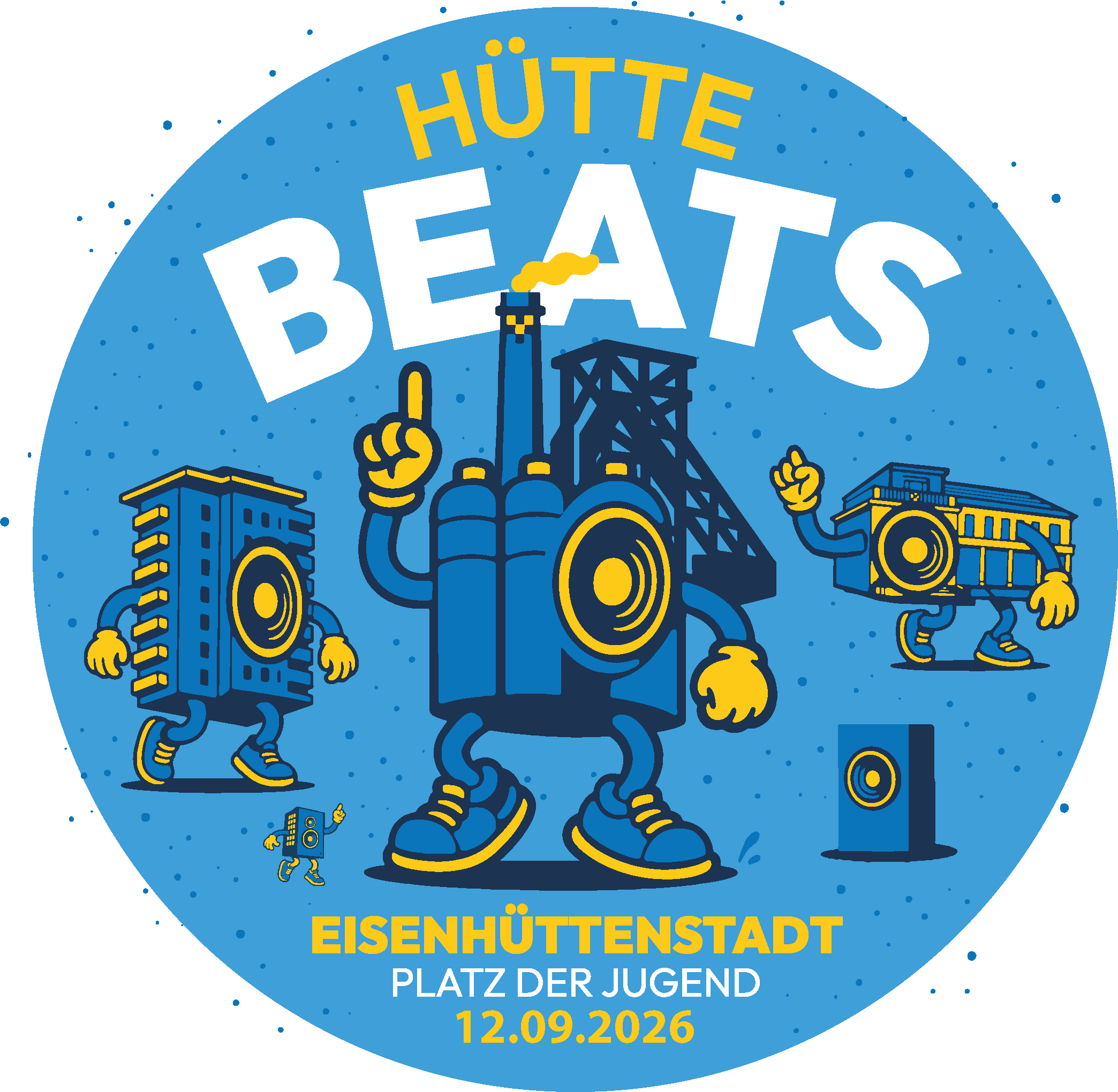 Grafik mit Zeichnung von Lautsprechern, die auf eigenen Beinen laufen und mit Armen gestikulieren. Dazu Text: "Hütte BEATS - Eisenhüttenstatt - Platz der Jugend - 12.09.2026"