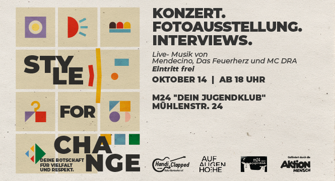 cremefarbenes Plakat zur Abschlussveranstaltung Style for Change mit Konzert, Fotoausstellung, Interviews
