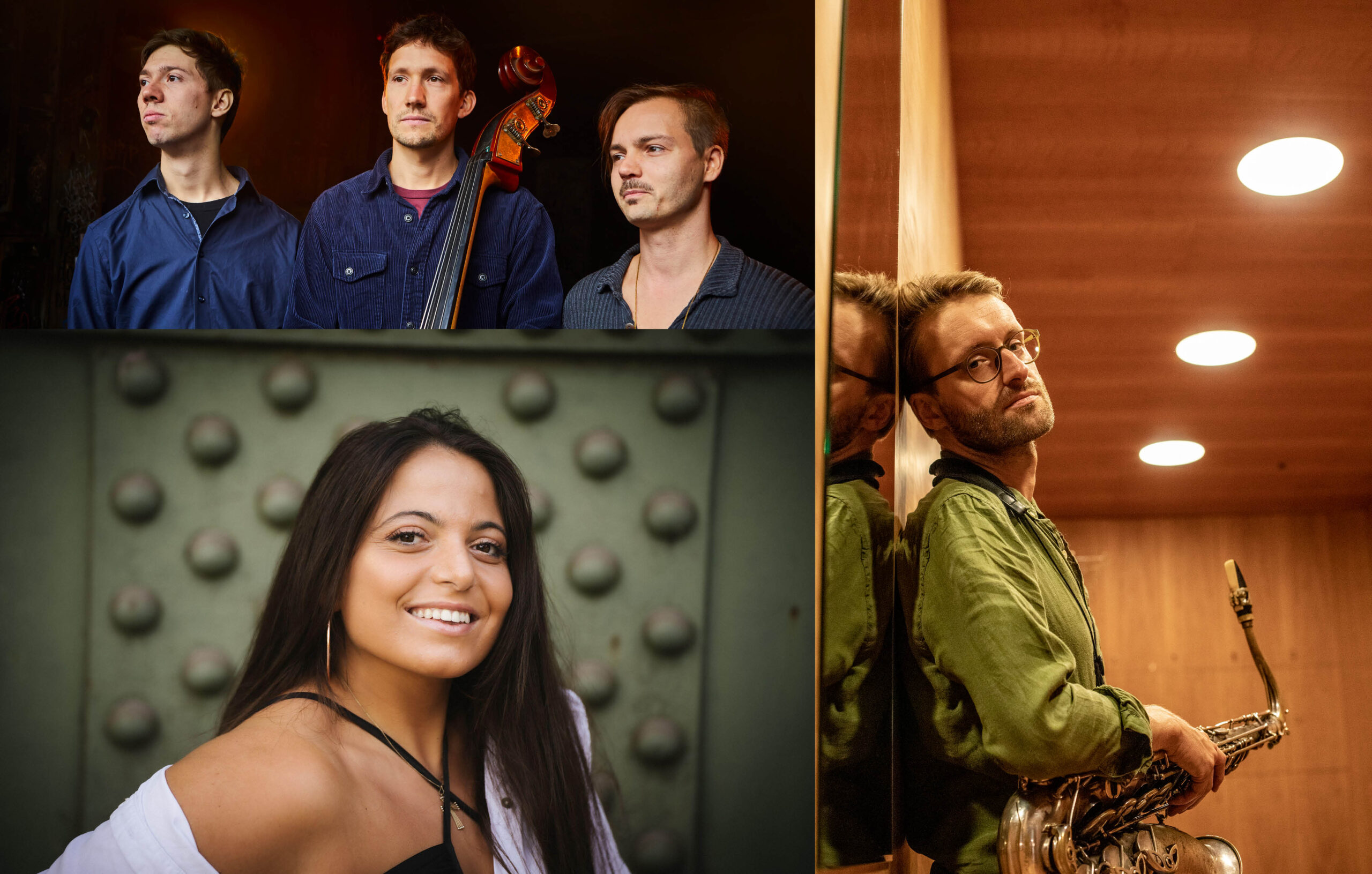 Eine collage aus drei Fotos. Auf einem sind die drei Mitglieder des open Exsess Trio mit Bass, auf einem Anna Reizbikh im Portrait und auf einem Peter Ehwald mit Saxophon abgebildet.
